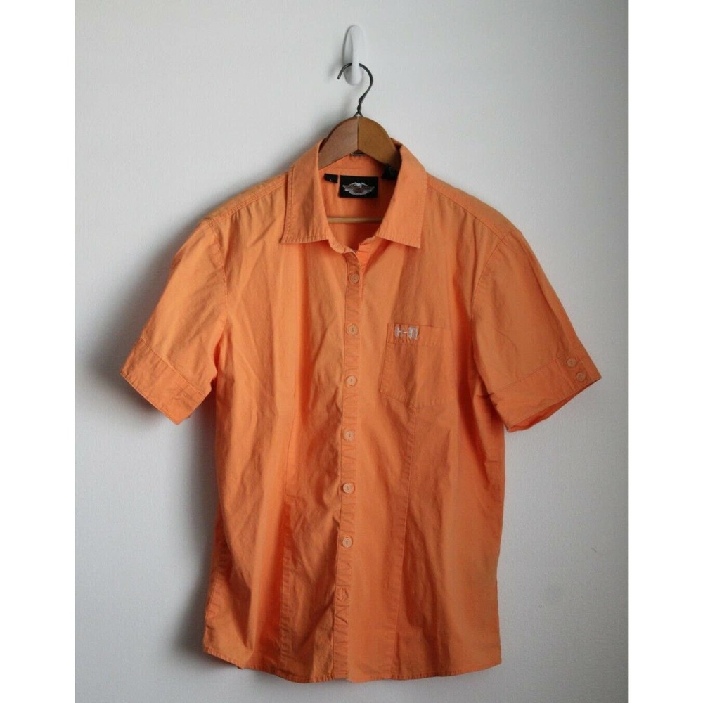 Harley Davidson Embroidered Logo Orange Button-up Shirt Women Size L RN:103819